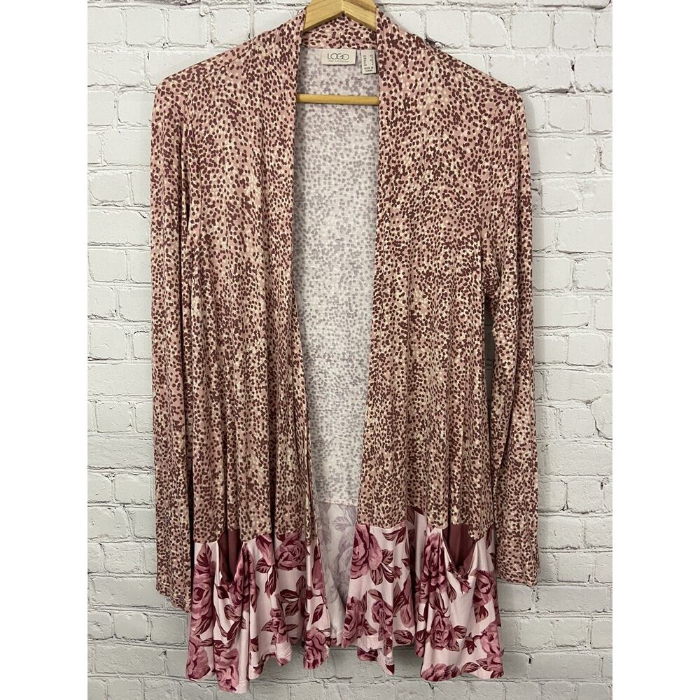 LOGO By Lori Goldstien Pink Long Sleeve Cardigan Size XS Mixed Print Pockets - Picture 2 of 8